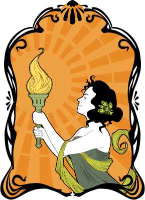 Illustration föreställandes en kvinna med en fackla. Bilden är del av Värmefacklans logotyp. Den är tänkt att ge en känsla av art nouveau eller jugend.